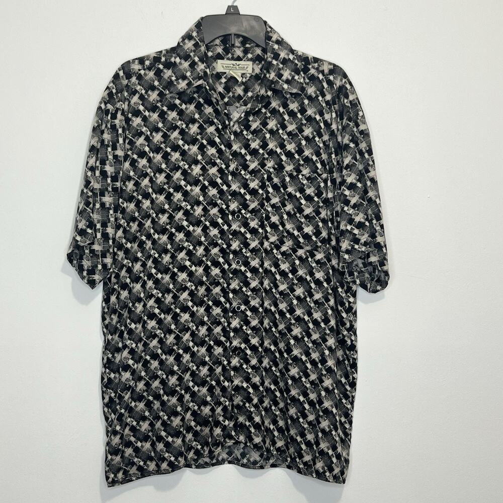 Natural Issue Shirt Mens M Black Gray Tan Abstract Rayon Button Camp Casual